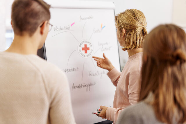 Symbolfoto Grundsätze des Roten Kreuzes und Aufkleber mit DRK - Logo an einer Tafel, davor Personen - 2021